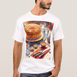 Camiseta uma mesa com um bolo e uma tigela de doces nele