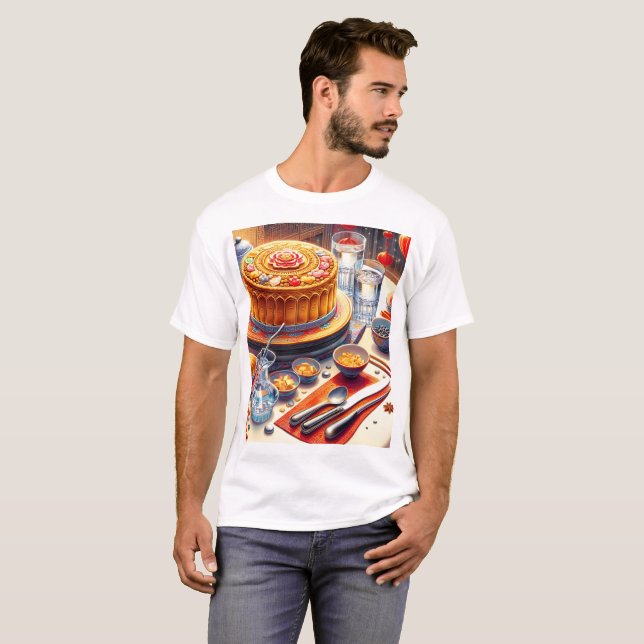 Camiseta uma mesa com um bolo e uma tigela de doces nele (Frente Completa)