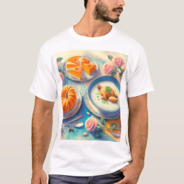 Camiseta uma mesa com uma mesa com comida e um bolo com ela