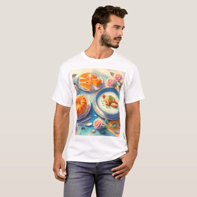 Camiseta uma mesa com uma mesa com comida e um bolo com ela (Frente Completa)