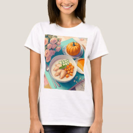 Camiseta uma mesa com uma placa de comida e uma abóbora sob
