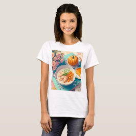 Camiseta uma mesa com uma placa de comida e uma abóbora sob