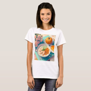 Camiseta uma mesa com uma placa de comida e uma abóbora sob