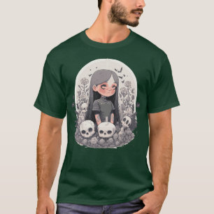 Camiseta Uma miúda misteriosa e crânios quarta-feira arte v