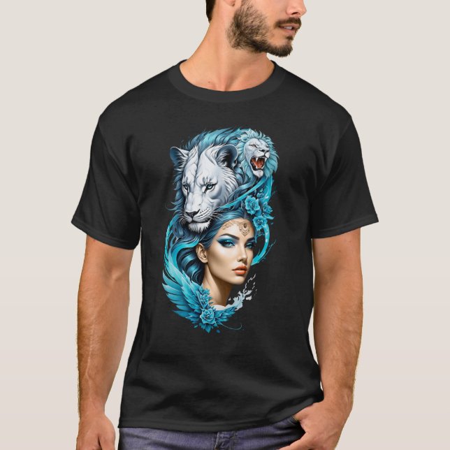 Camiseta Uma mulher cativante com uma cabeça majestosa de l (Frente)