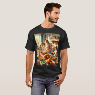 Camiseta uma mulher e crianças são cozinhar numa cozinha