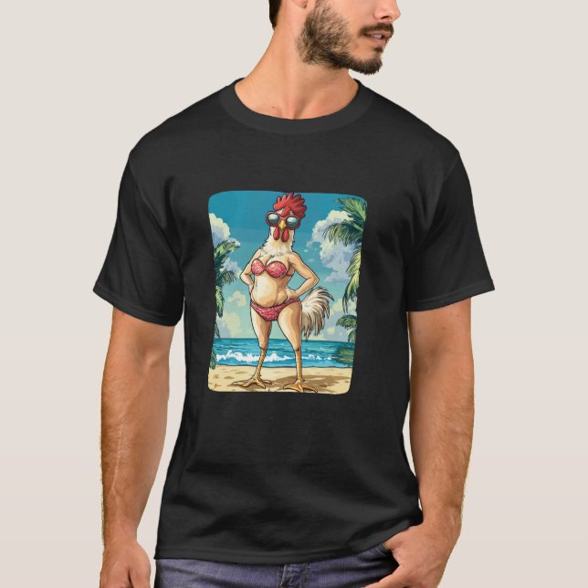 Camiseta Uma Mulher Engraçada em Bikini para Beach Lo (Frente)