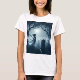 Camiseta uma mulher fantasma em um vestido branco fica em f