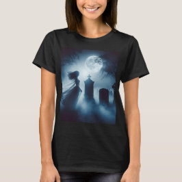 Camiseta uma mulher fantasma num cemitério com lua de cheio