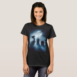 Camiseta uma mulher fantasma num cemitério com lua de cheio