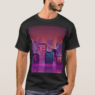 Camiseta Uma paisagem urbana noturna brilhante, vintage.