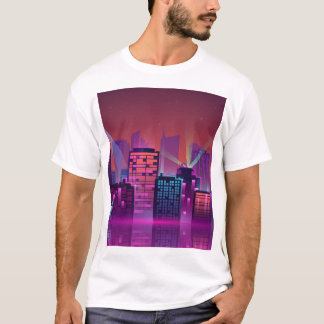 Camiseta Uma paisagem urbana noturna brilhante, vintage.