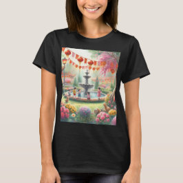 Camiseta uma pintura de crianças brincando num jardim com u