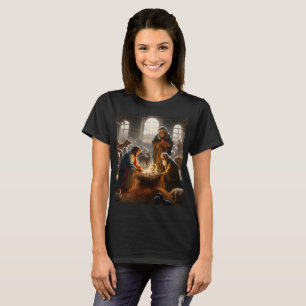 Camiseta uma pintura de reyes magos e baby com uma cesta