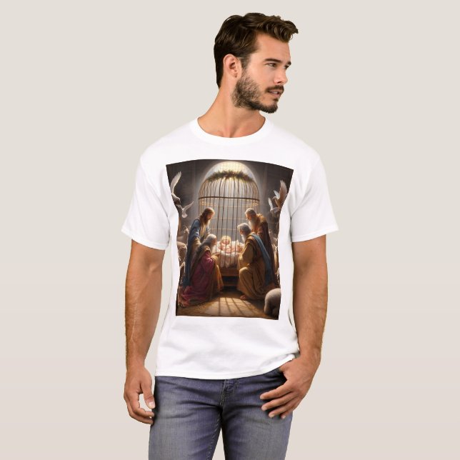 Camiseta uma pintura de reyes magos e baby com uma gaiola (Frente Completa)