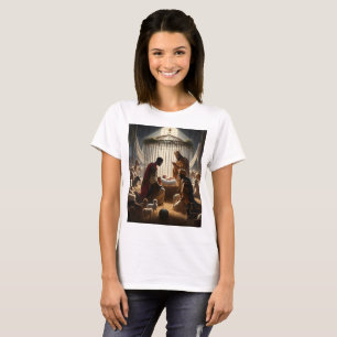 Camiseta uma pintura de reyes magos e o bebê na gaiola