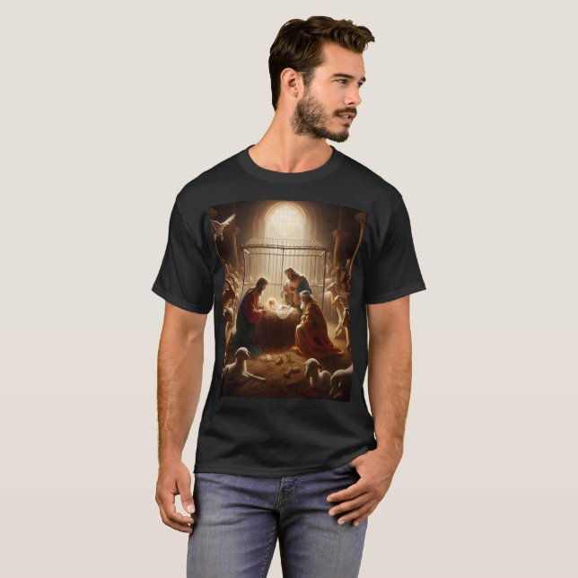 Camiseta uma pintura de reyes magos em uma gaiola com um be (Frente Completa)