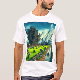 Camiseta uma pintura de um campo que tem uma grua nele