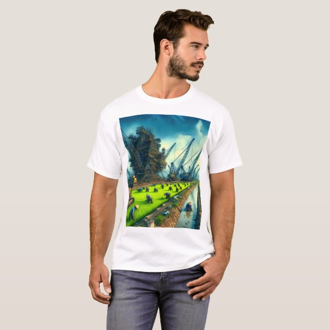 Camiseta uma pintura de um campo que tem uma grua nele (Frente Completa)