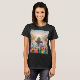 Camiseta uma pintura de um grupo de pessoas num parque com
