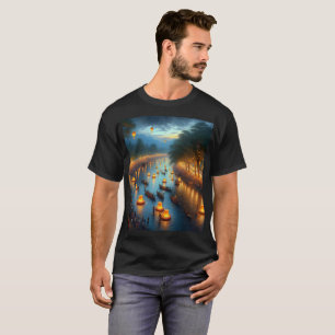 Camiseta uma pintura de um rio com lanternas e pessoas em