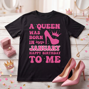 Camiseta Uma Rainha Nasceu em Janeiro Rosa Menina de Aniver