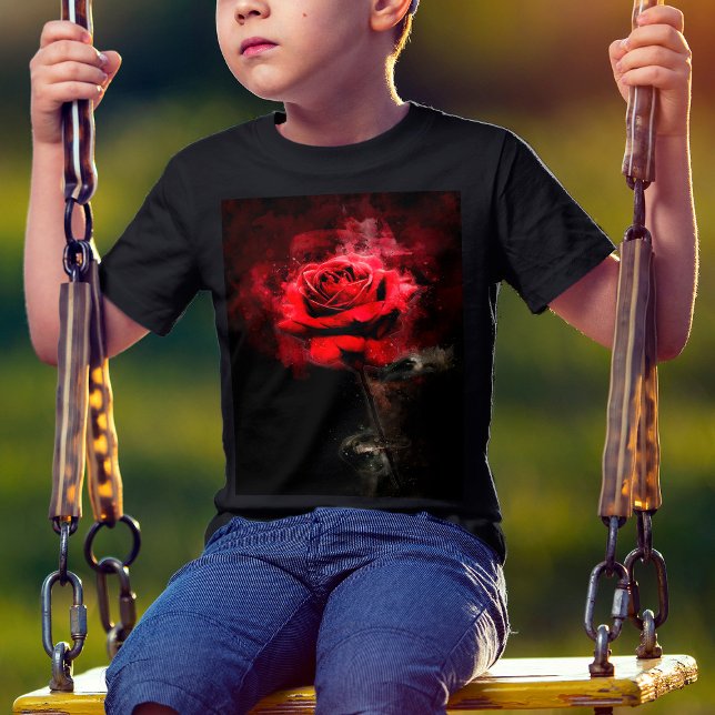 Camiseta Uma Rosa Vermelha Aquarela em Fundo Preto (One Red Rose Watercolor on Black Background. Boy Basic Black T-Shirt)