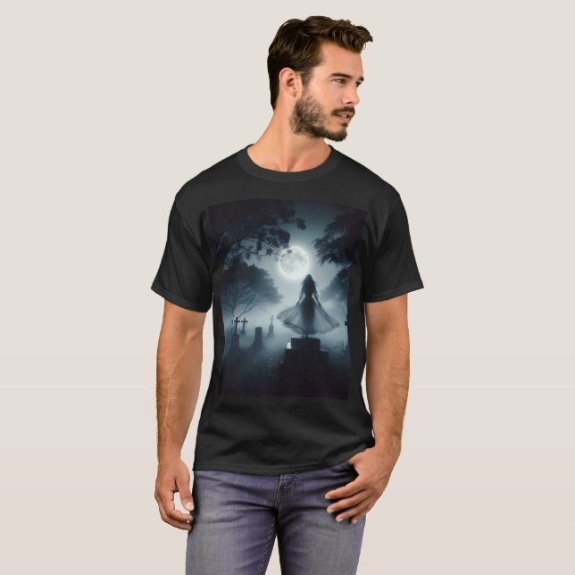 Camiseta uma silhueta de uma mulher fantasma num cemitério  (Frente Completa)
