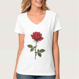 Camiseta Uma Única Rosa Vermelha Com Orvalho da Manhã