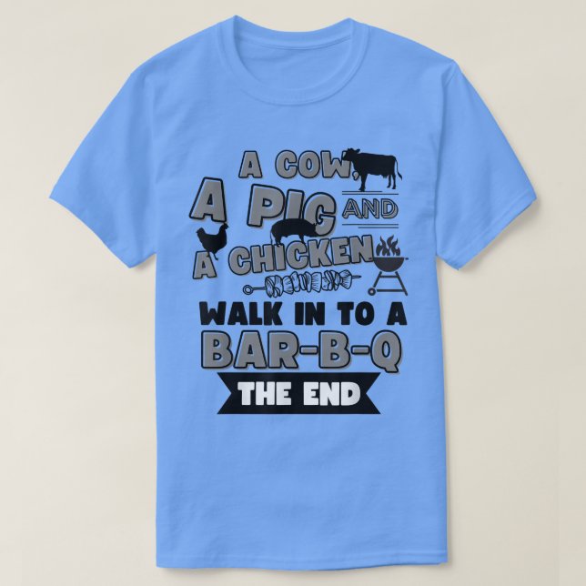 Camiseta Uma Vaca Um Porco E Um Galho Entram Em Um churrasc (Frente do Design)