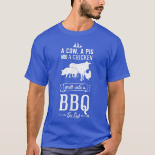Camiseta Uma vaca, um porco e uma galinha entram num churra