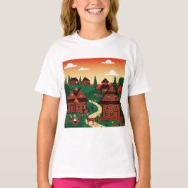 Camiseta Uma vila desenhada em um estilo de ilustração