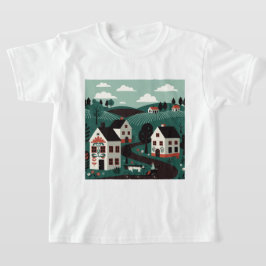 Camiseta Uma vila desenhada em um estilo de ilustração