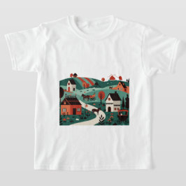 Camiseta Uma vila desenhada em um estilo de ilustração