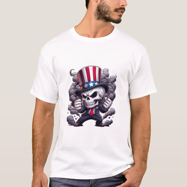 Camiseta Uncle Sam Skull T-Shirt – Patriotic Skull Graphic  (Frente)