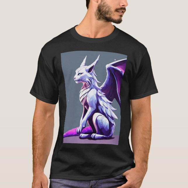 Camiseta única do gato dragão roxo e branco (Frente)