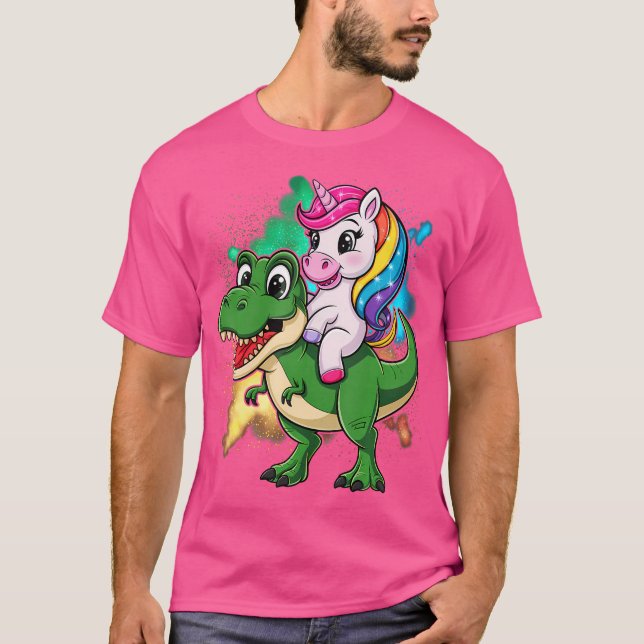 Camiseta Unicorn Andando T Rex Dinossauro Meninas Homens (Frente)