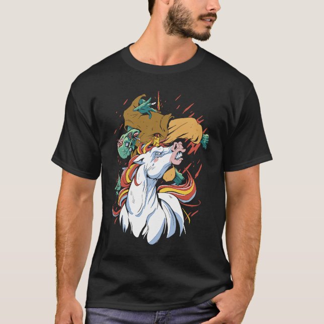 Camiseta Unicorn Attacking Zombie   Horror   Cool Gothic (Frente)