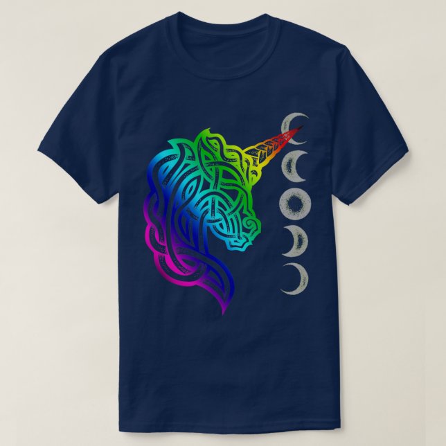 Camiseta Unicorn Celtic Knot Dotwork Rainbow Design (Frente do Design)