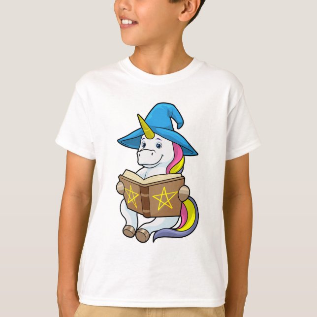 Camiseta Unicorn como assistente com livro e chapéu (Frente)