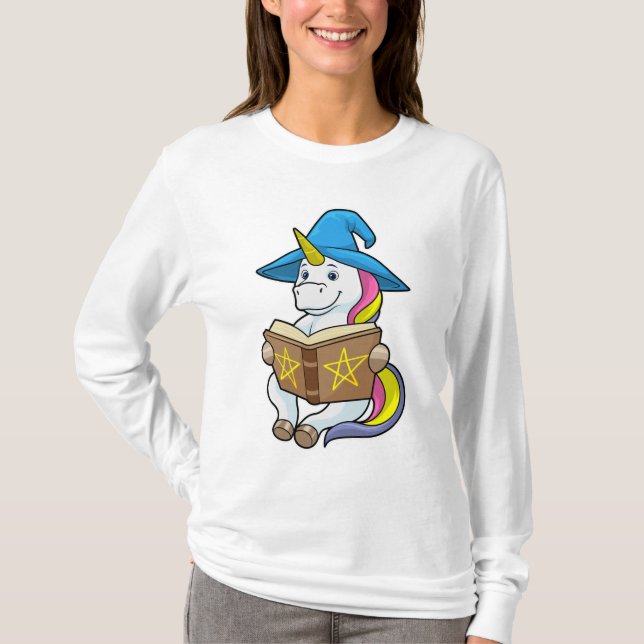 Camiseta Unicorn como assistente com livro e chapéu (Frente)