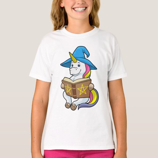 Camiseta Unicorn como assistente com livro e chapéu (Frente)