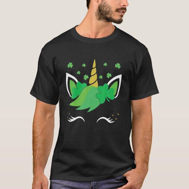 Camiseta Unicorn Face Dia de São Patrício Irlandês Shamrock (Frente)