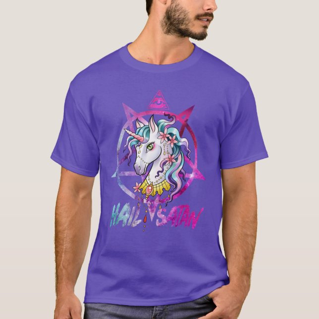 Camiseta Unicorn Hail Satan Death Metal Rainbow shirt Rave  (Frente)
