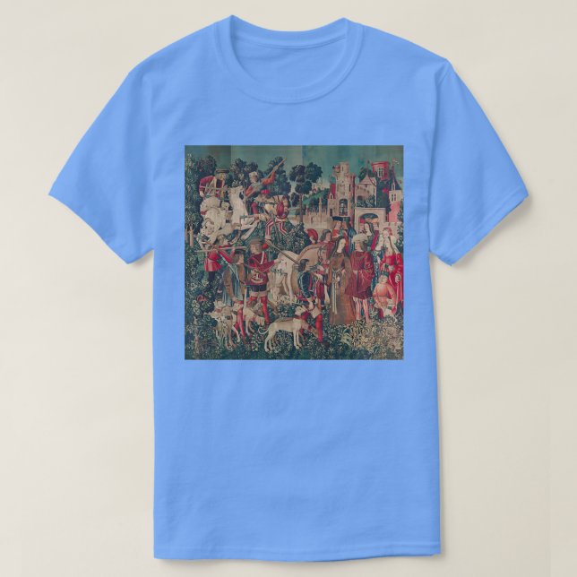 Camiseta Unicorn Hunt Medieval Art Hunters volta ao Castelo (Frente do Design)