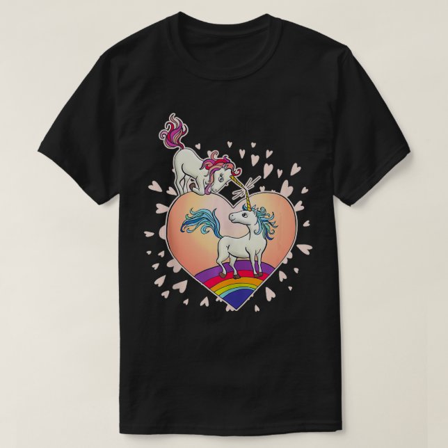 Camiseta Unicorn Love Heart Rainbow Dia de os namorados Cut (Frente do Design)