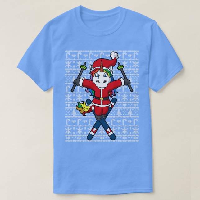 Camiseta Unicorn Papai Noel esquiando esqui salta feio Nata (Frente do Design)