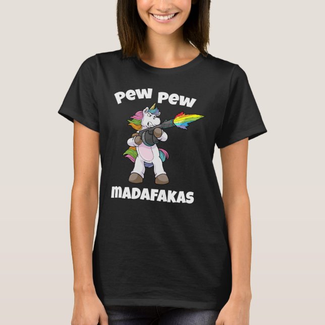 Camiseta Unicorn Pew Pew Madafakas Unicórn Rainbow Gun (Frente)