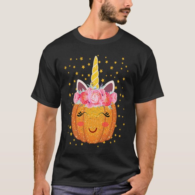 Camiseta Unicorn Pumpkin Face Floral Dia de Ação de Graças (Frente)