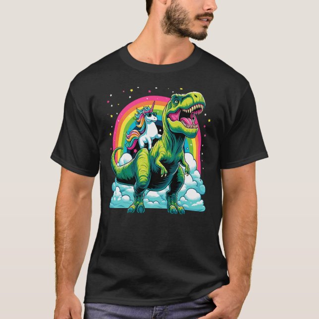 Camiseta Unicorn Rainbow Birthday Party Unicorn Riding Dino (Frente)